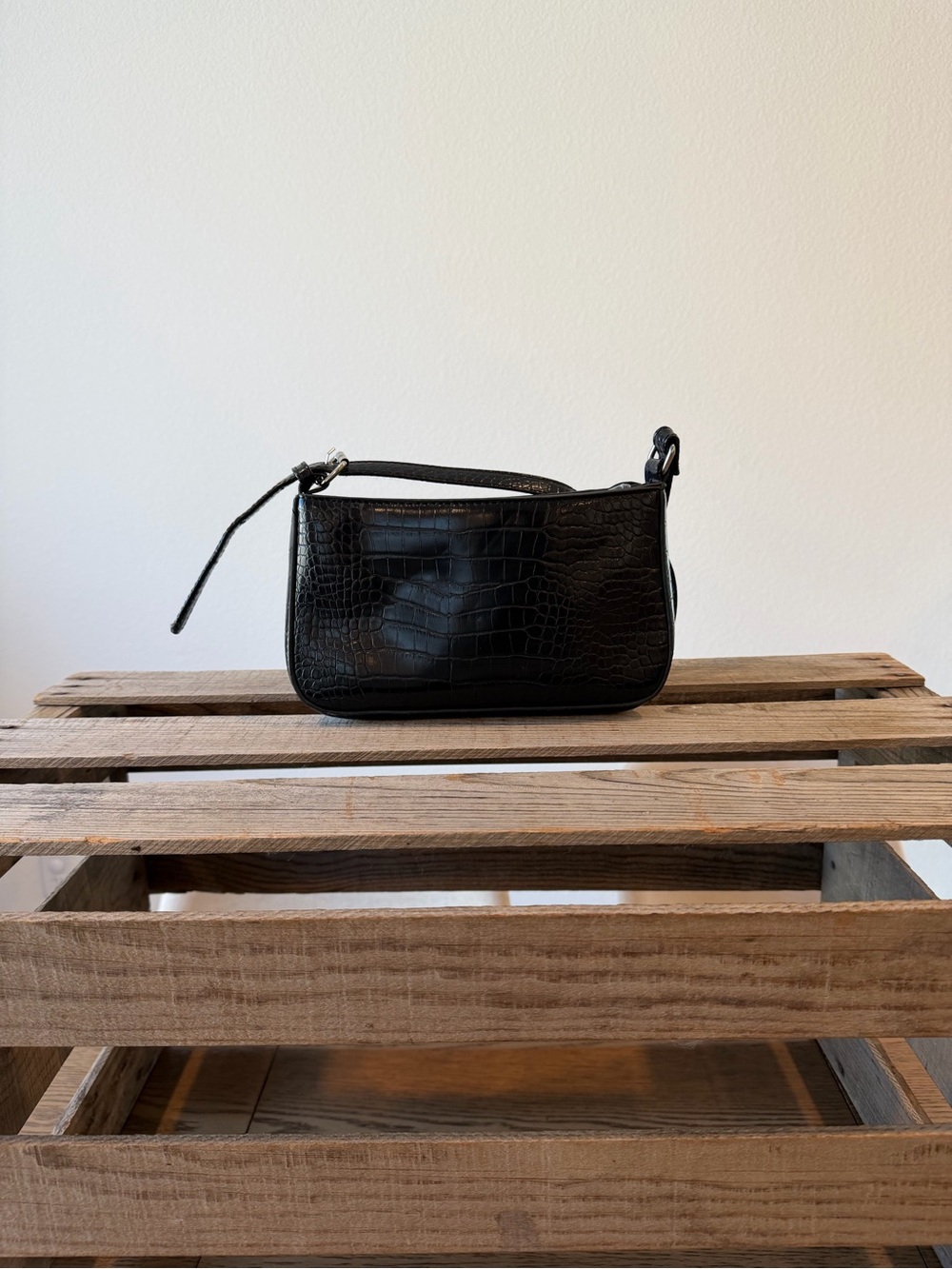 Black Croc Embossed Shoulder Bag Y2K Baguette Purse Minimalist